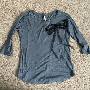 LC Lauren Conrad Blue Gray 3/4 Sleeve Shirt with Black Ribbon Bow Small